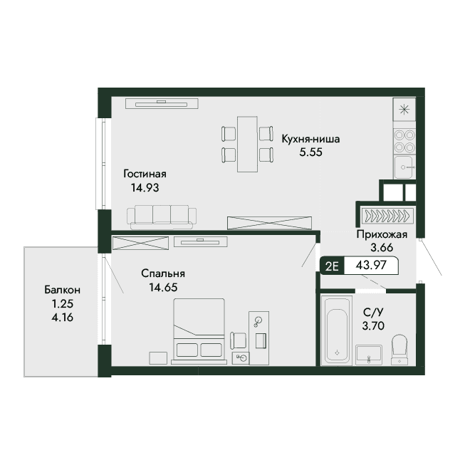 2-к, 43.97 м² · Парковая Резиденция