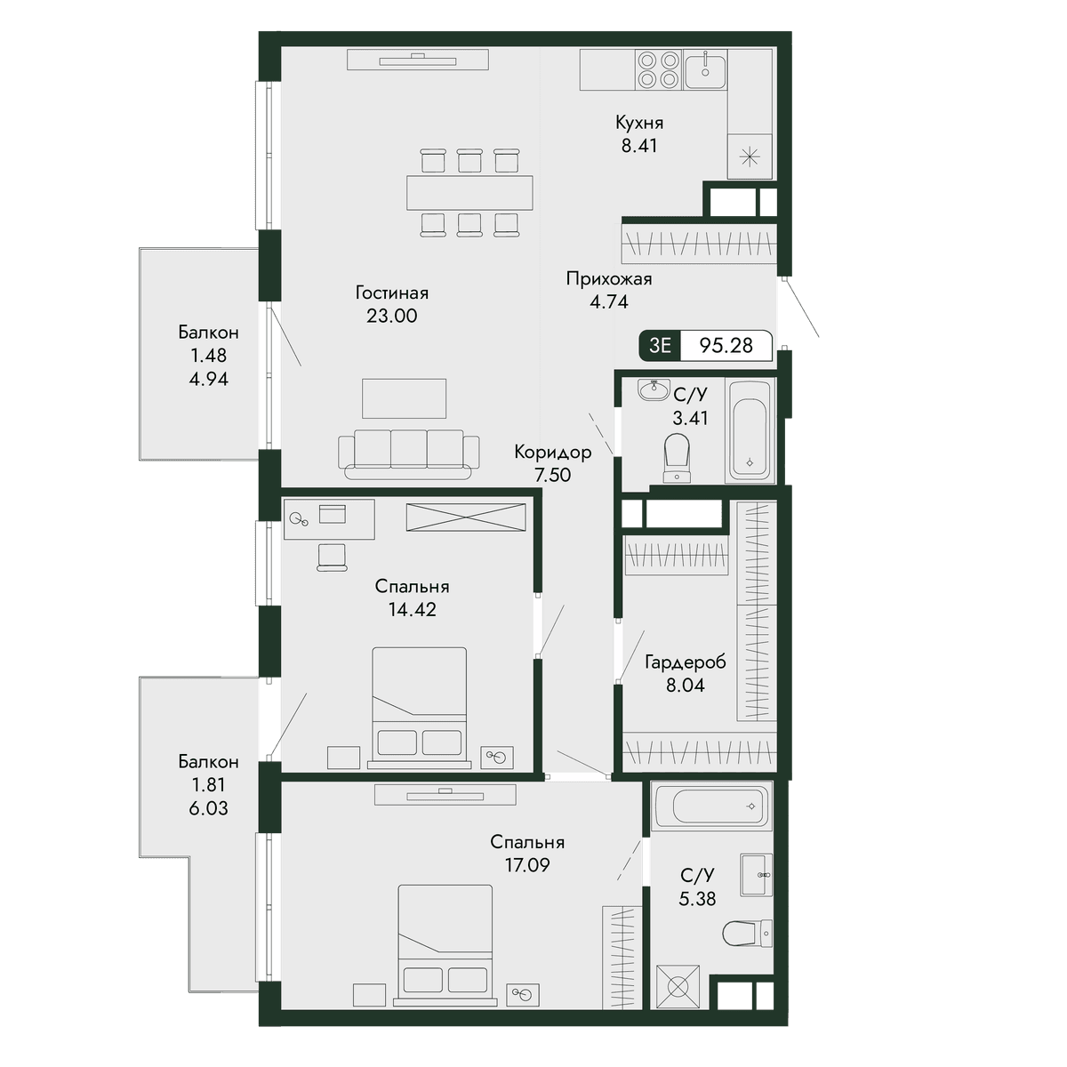3-к, 95.28 м² · Парковая Резиденция