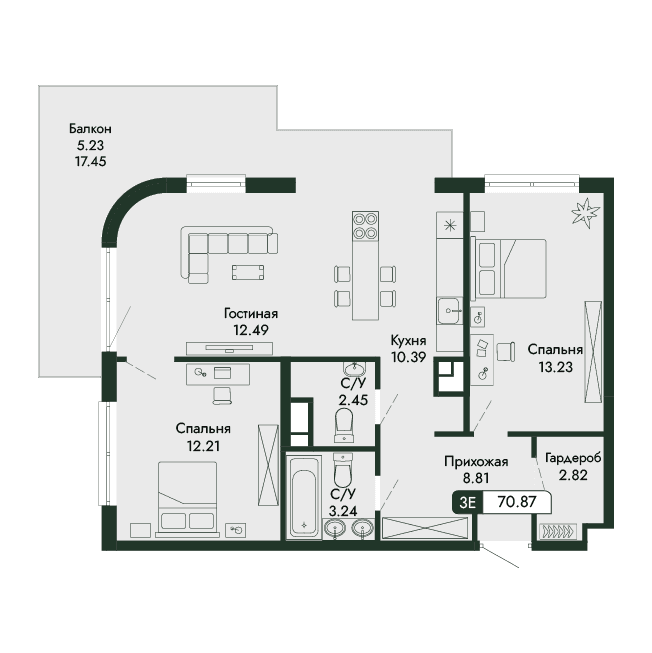3-к, 70.87 м² · Парковая Резиденция