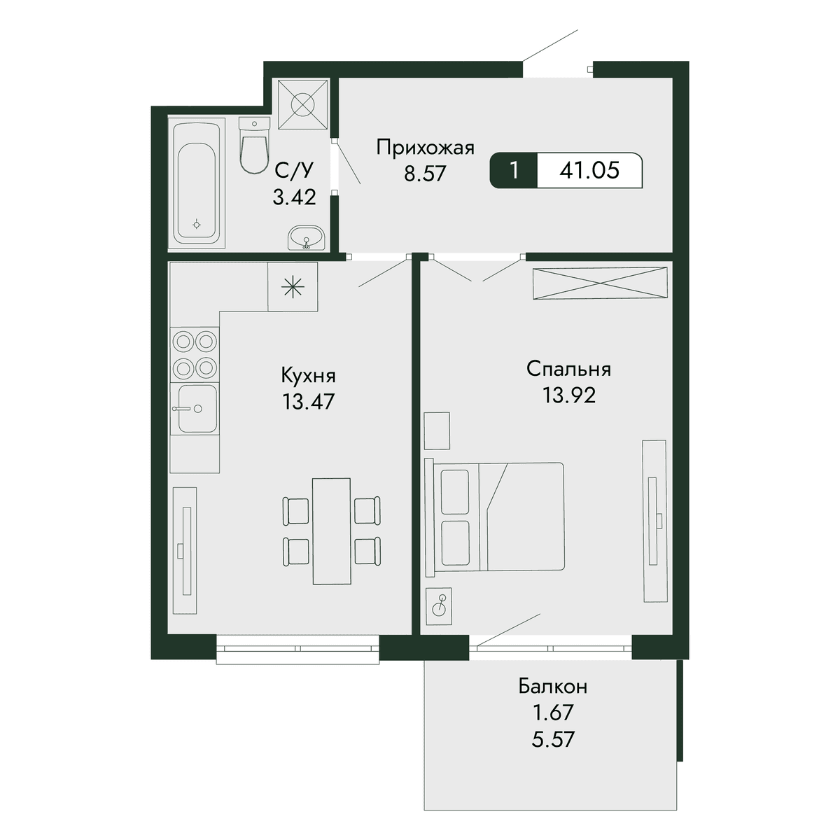 2-к, 41.05 м² · Парковая Резиденция