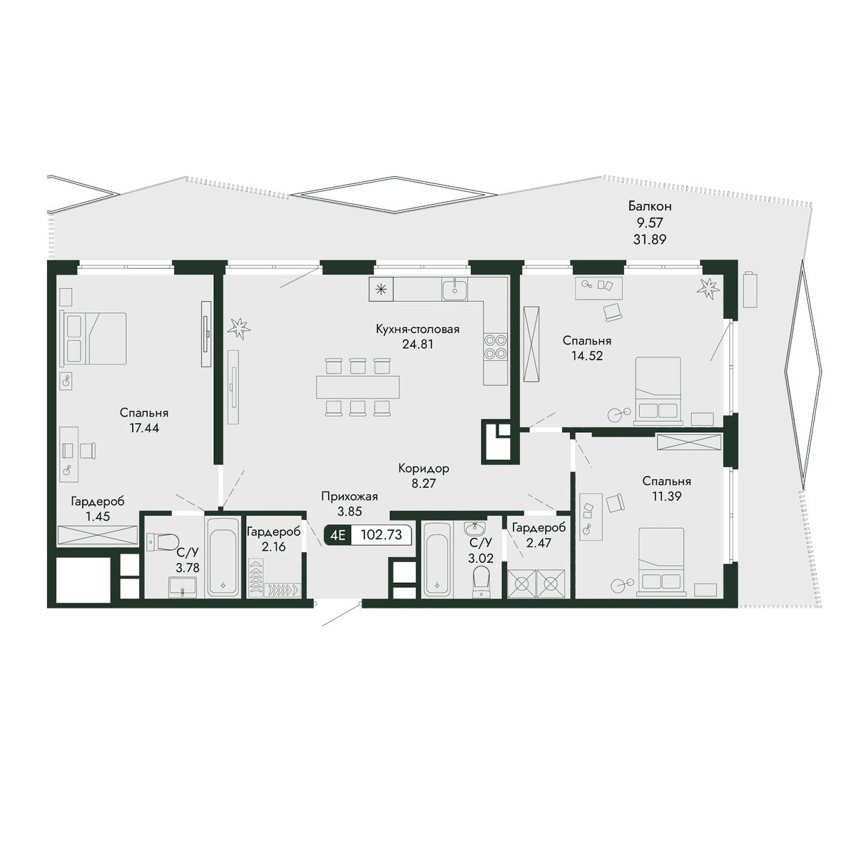 4-к, 102.73 м² · Парковая Резиденция