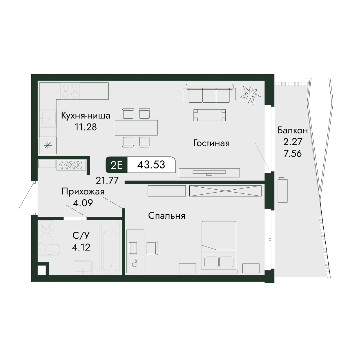 2-к, 43.53 м² · Парковая Резиденция