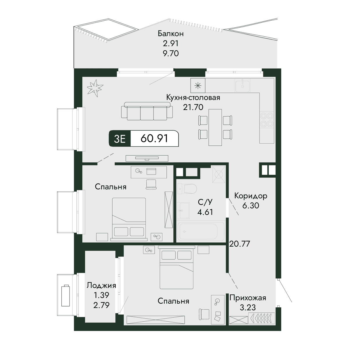 3-к, 60.91 м² · Парковая Резиденция