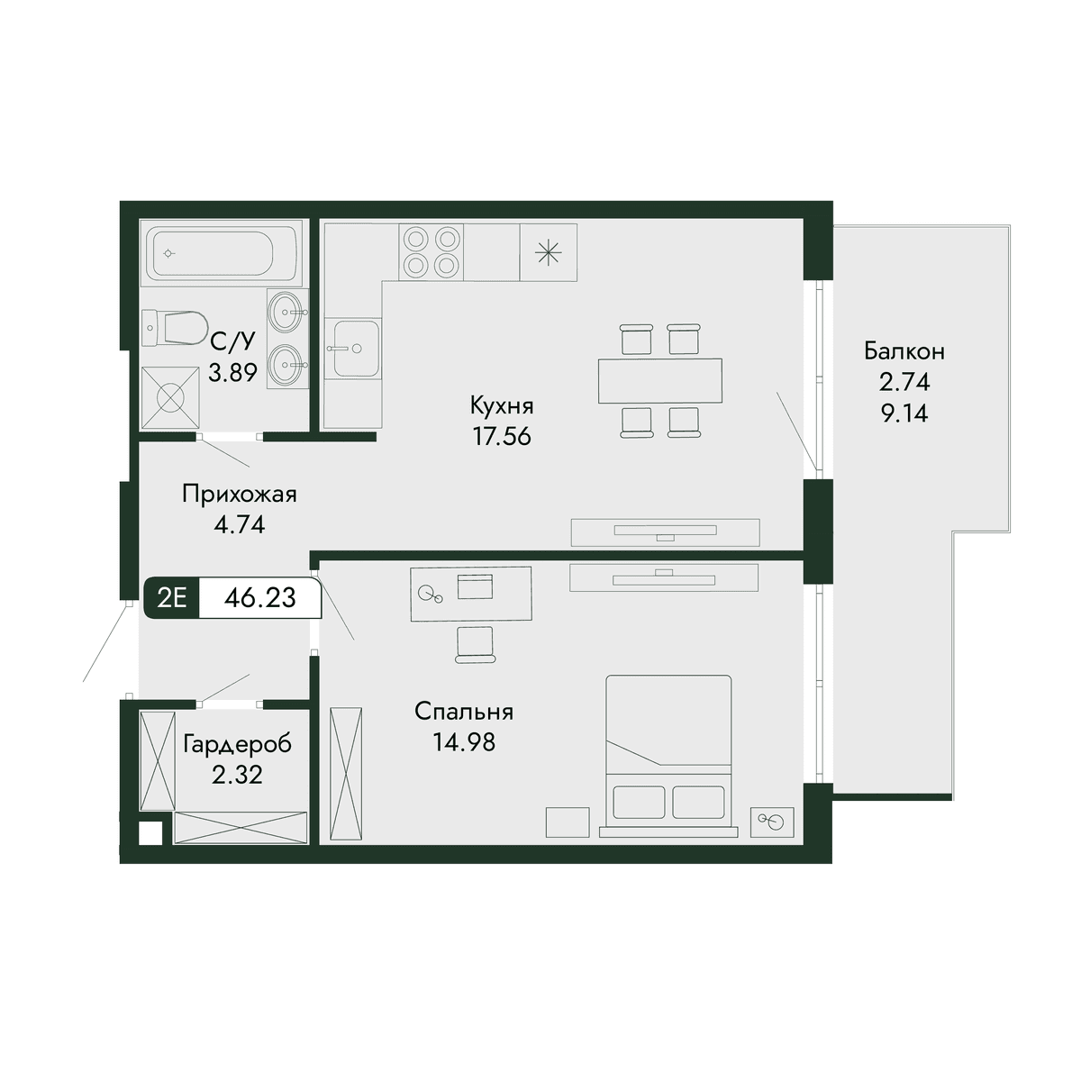 2-к, 46.23 м² · Парковая Резиденция
