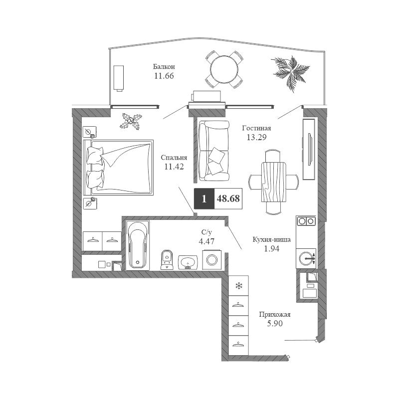 2-к, 48.68 м² · Крымская Резиденция