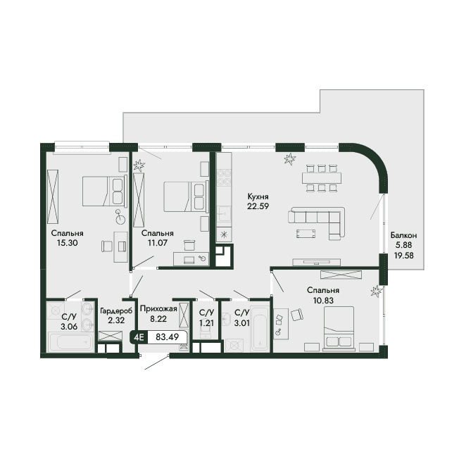 4-к, 83.49 м² · Парковая Резиденция