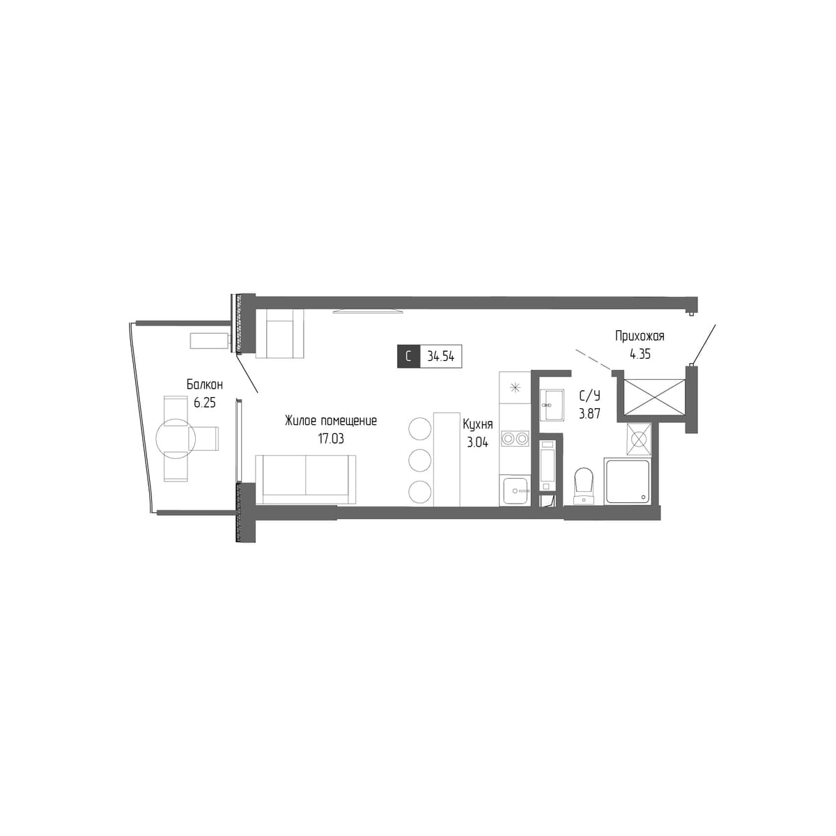 1-к, 34.54 м² · Крымская Резиденция