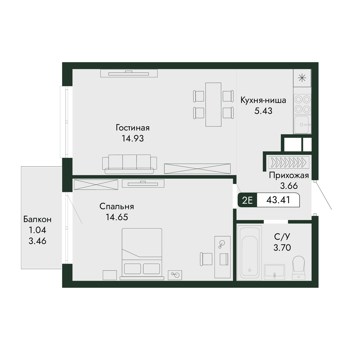 2-к, 43.41 м² · Парковая Резиденция
