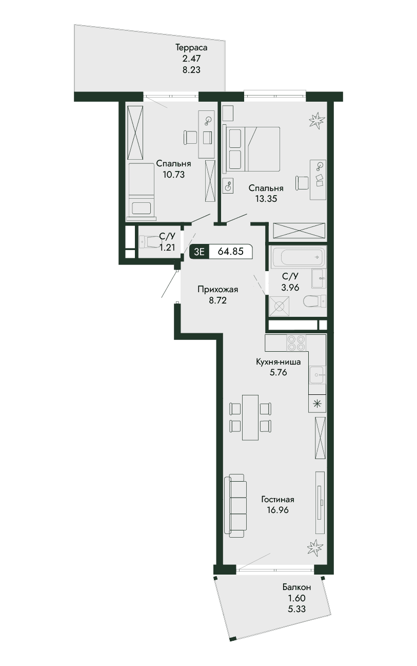 3-к, 64.85 м² · Парковая Резиденция