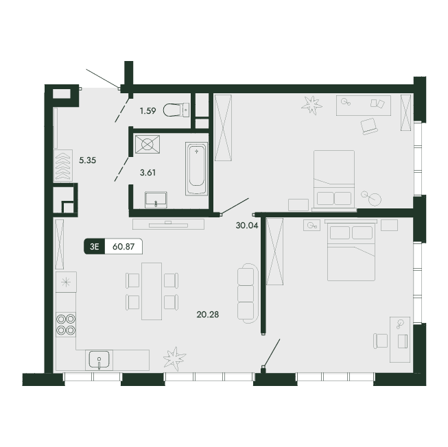 3-к, 60.87 м² · Парковая Резиденция