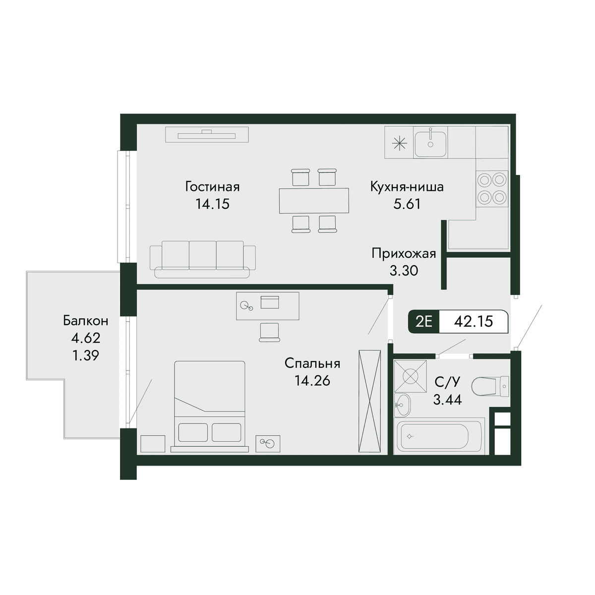 2-к, 42.15 м² · Парковая Резиденция