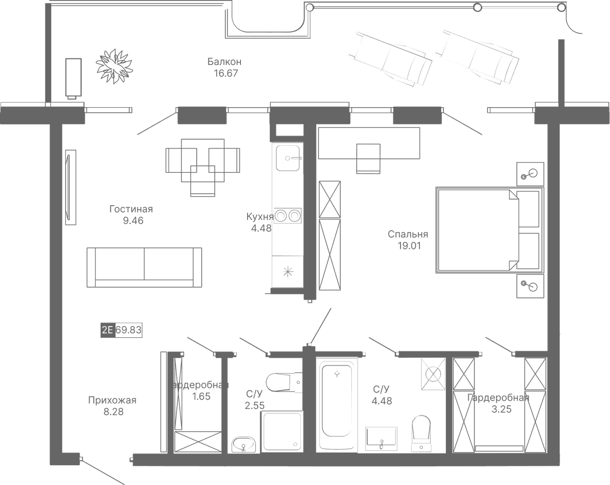 2-к, 69.83 м² · Крымская Резиденция