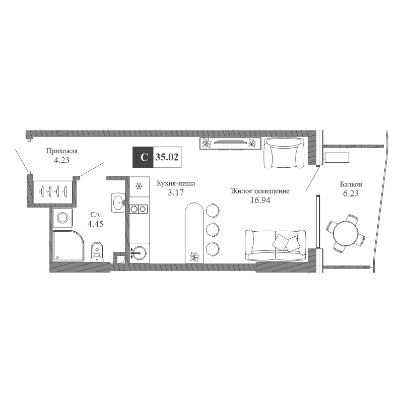 1-к, 35.02 м² · Крымская Резиденция