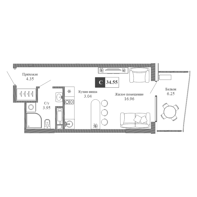 1-к, 34.55 м² · Крымская Резиденция