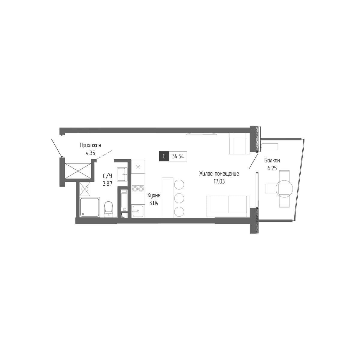 1-к, 34.54 м² · Крымская Резиденция