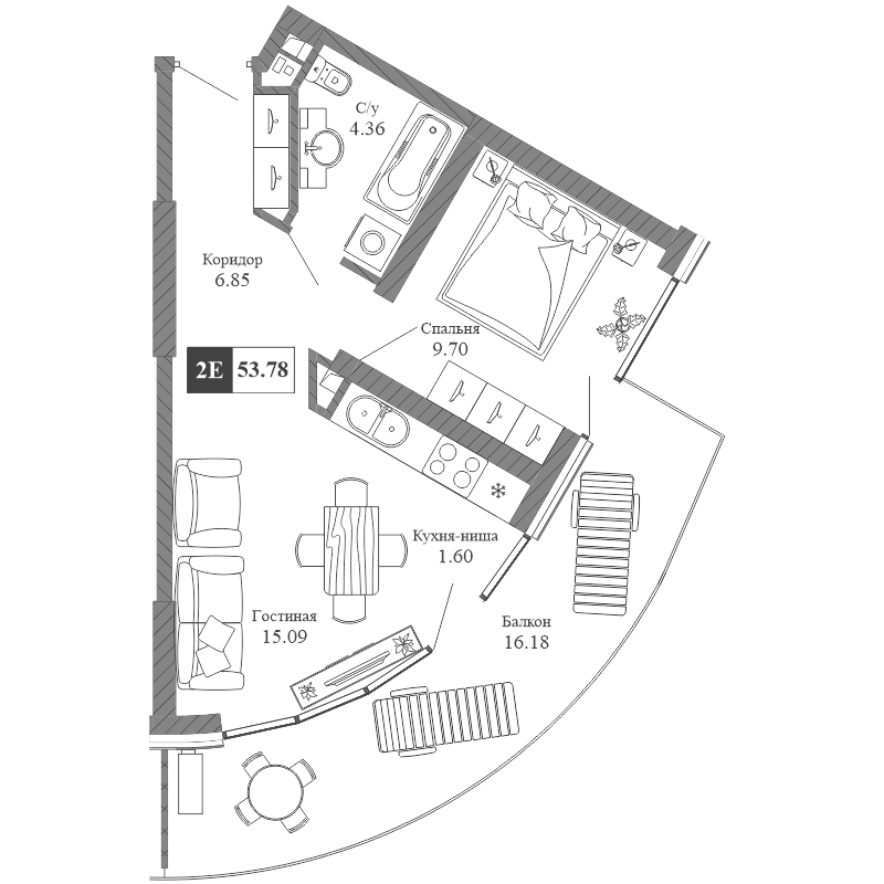 2-к, 53.78 м² · Крымская Резиденция