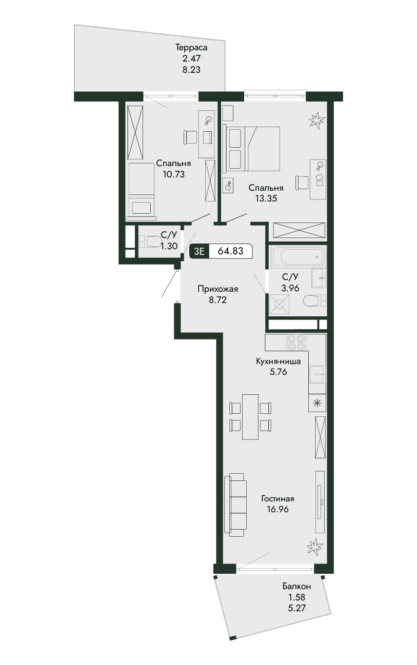 3-к, 64.83 м² · Парковая Резиденция