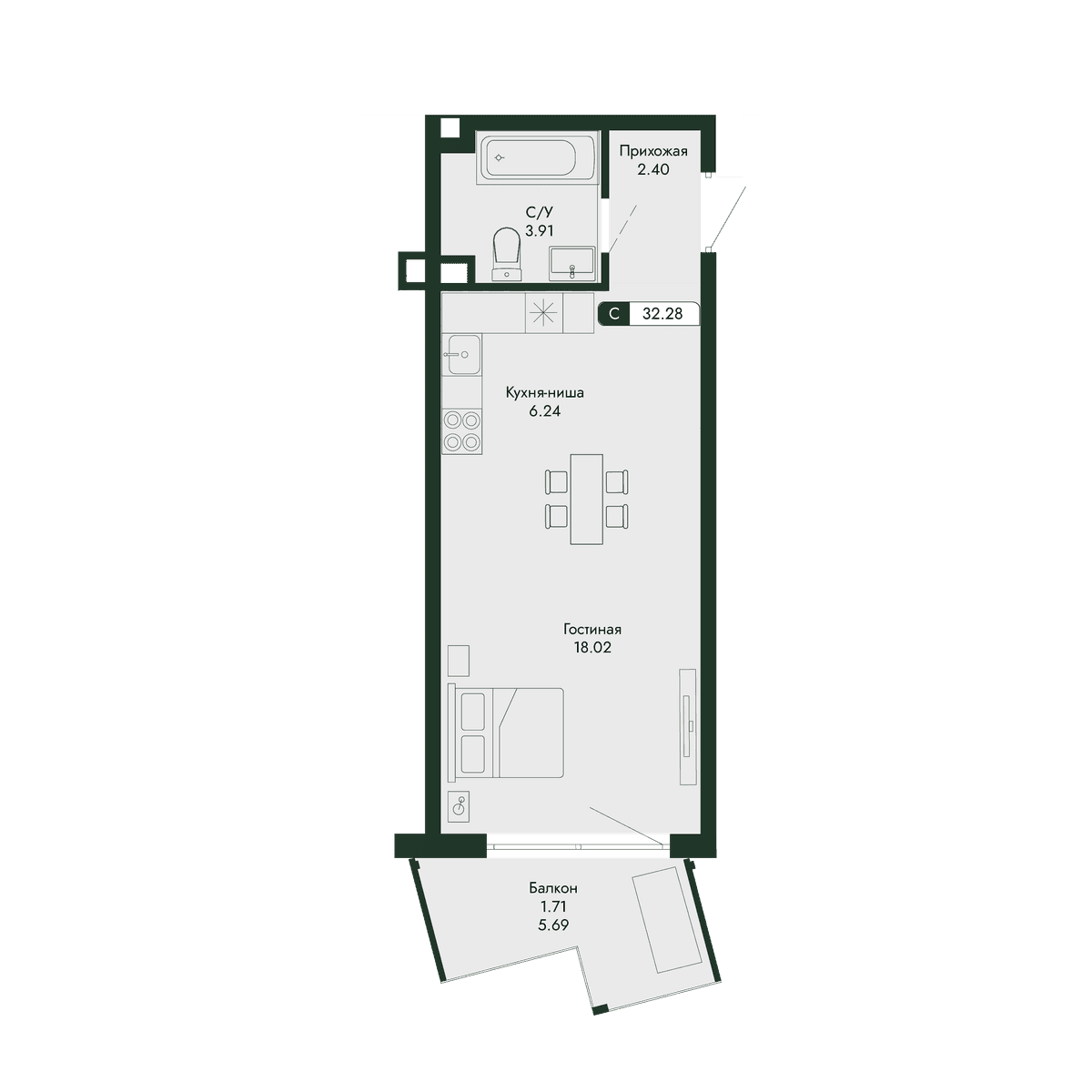 1-к, 32.28 м² · Парковая Резиденция