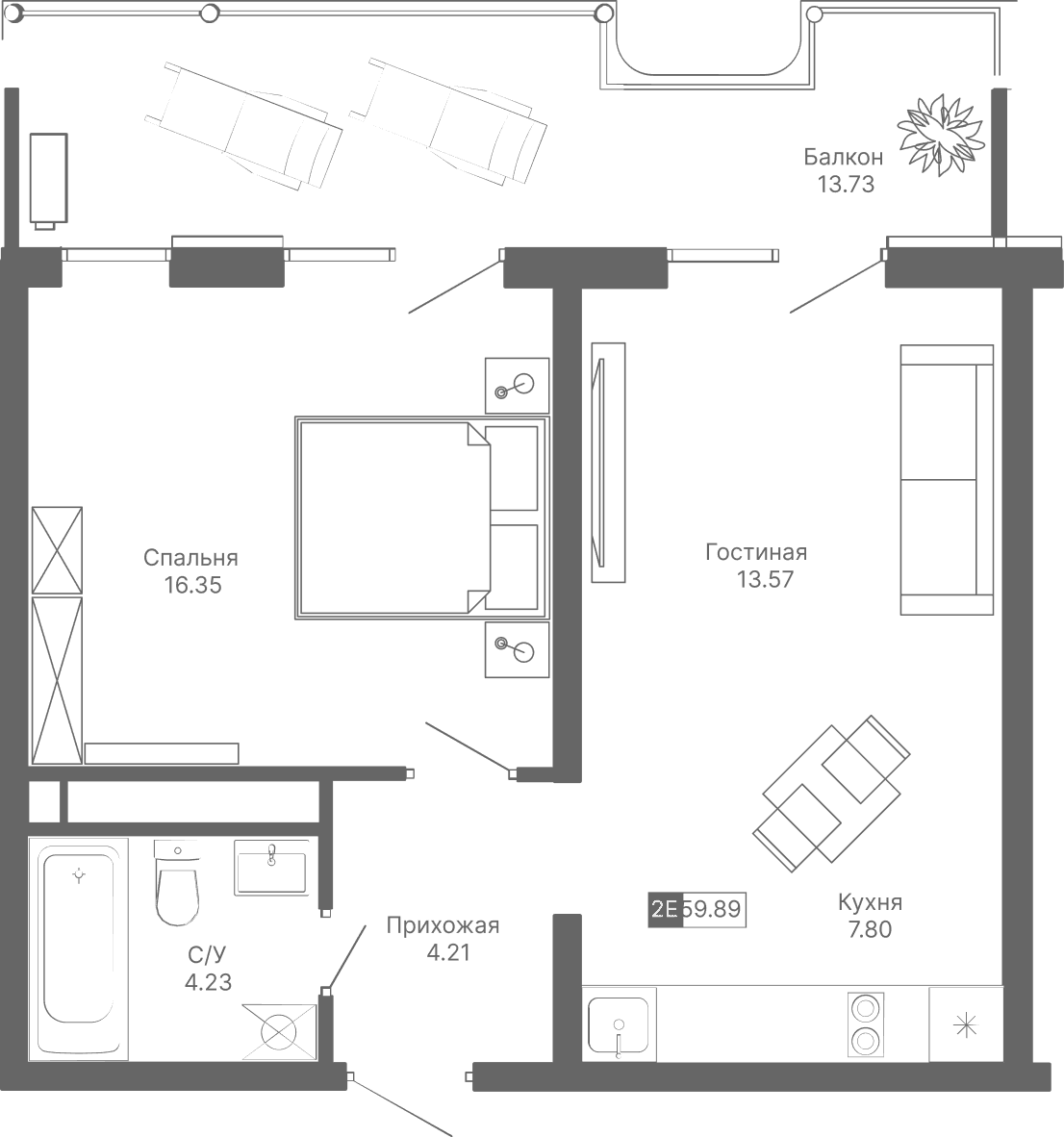 2-к, 59.89 м² · Крымская Резиденция
