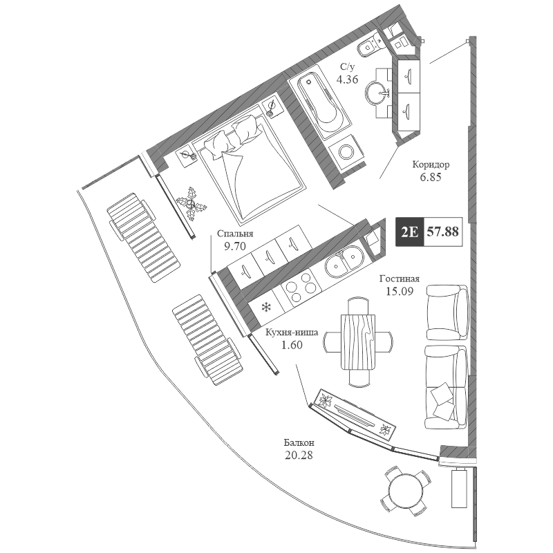 2-к, 57.88 м² · Крымская Резиденция