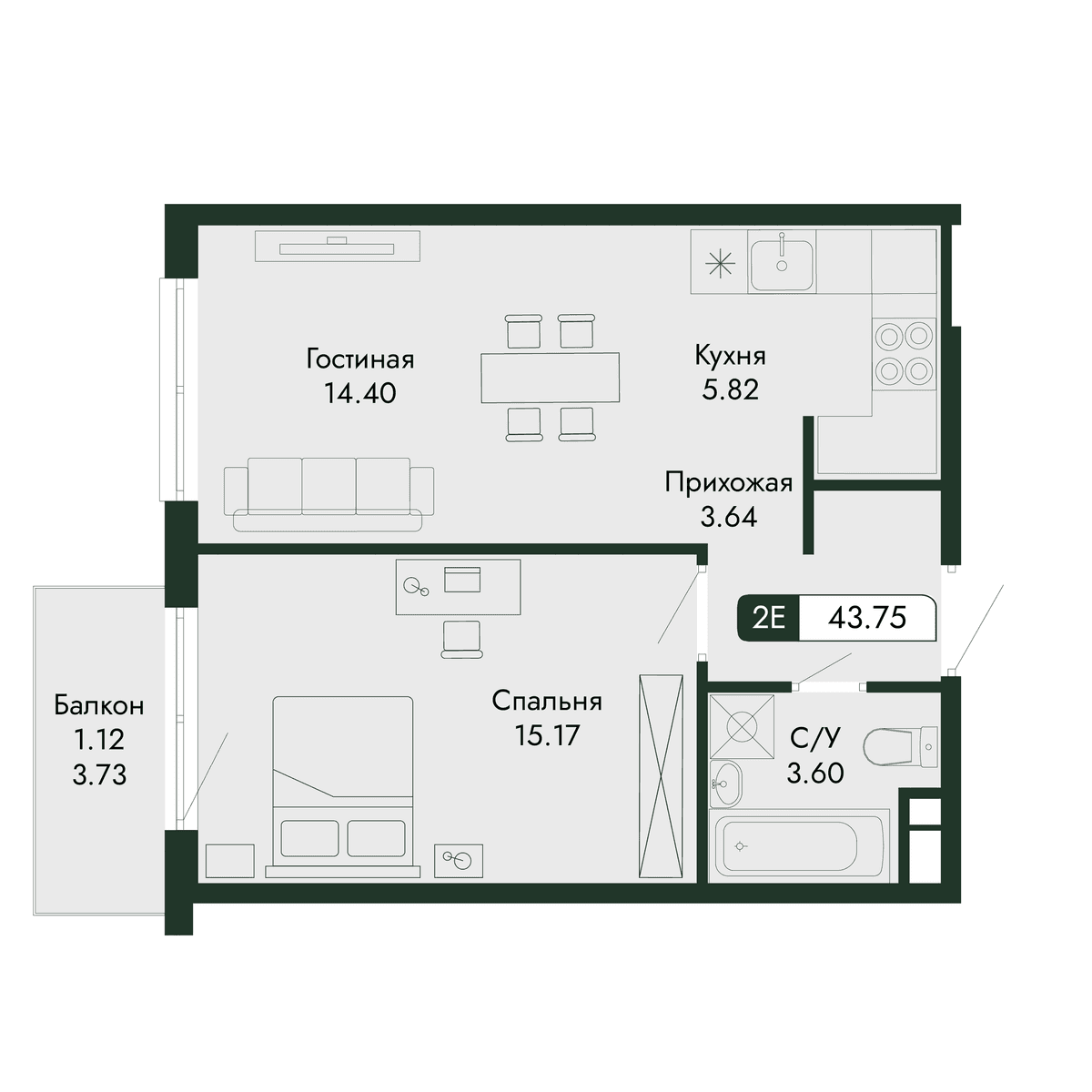 2-к, 43.75 м² · Парковая Резиденция