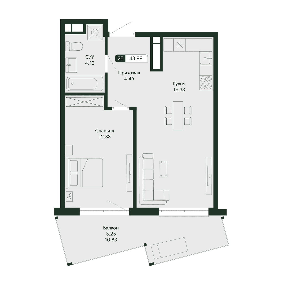 2-к, 43.99 м² · Парковая Резиденция