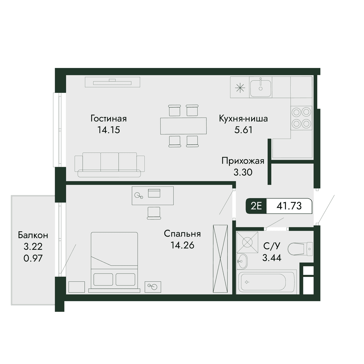 2-к, 41.73 м² · Парковая Резиденция