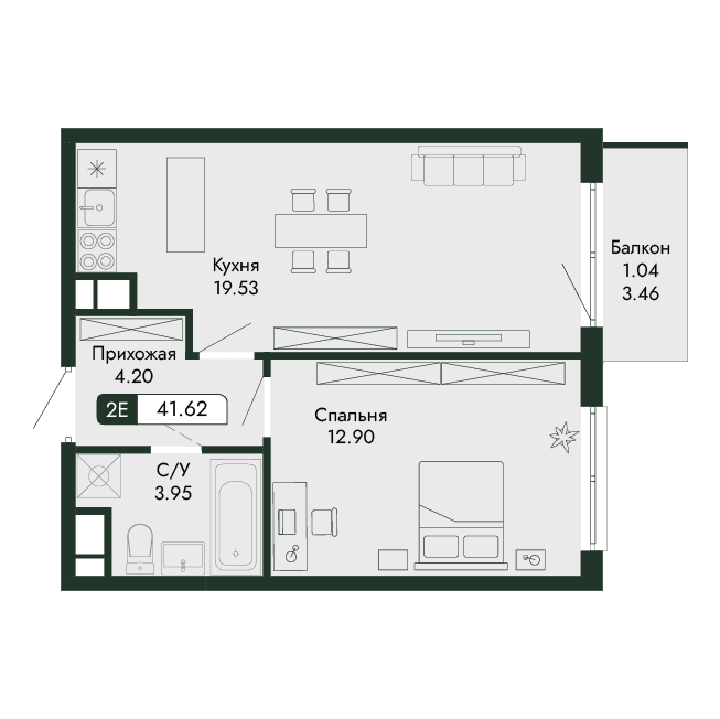 2-к, 41.62 м² · Парковая Резиденция