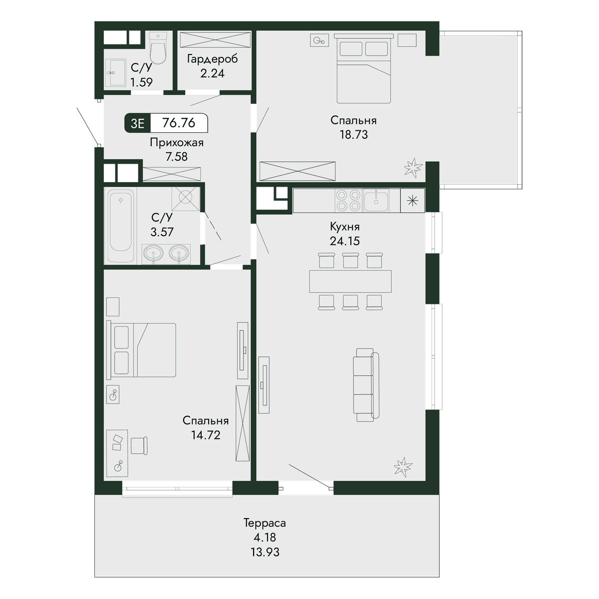 3-к, 76.76 м² · Парковая Резиденция