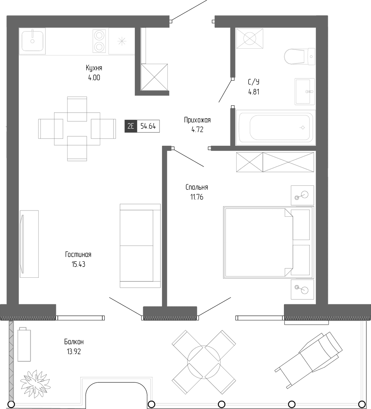 2-к, 54.64 м² · Крымская Резиденция