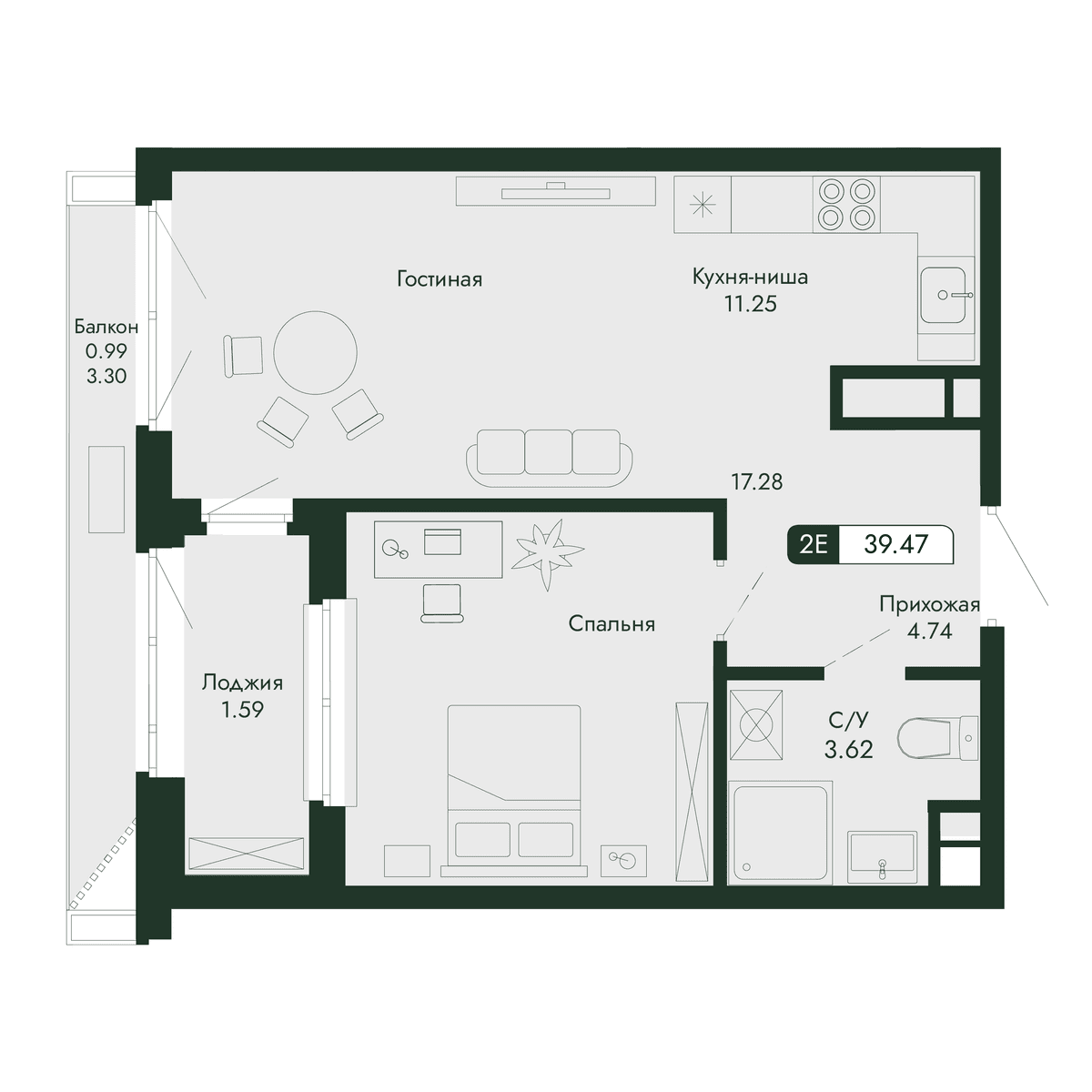 2-к, 39.47 м² · Парковая Резиденция