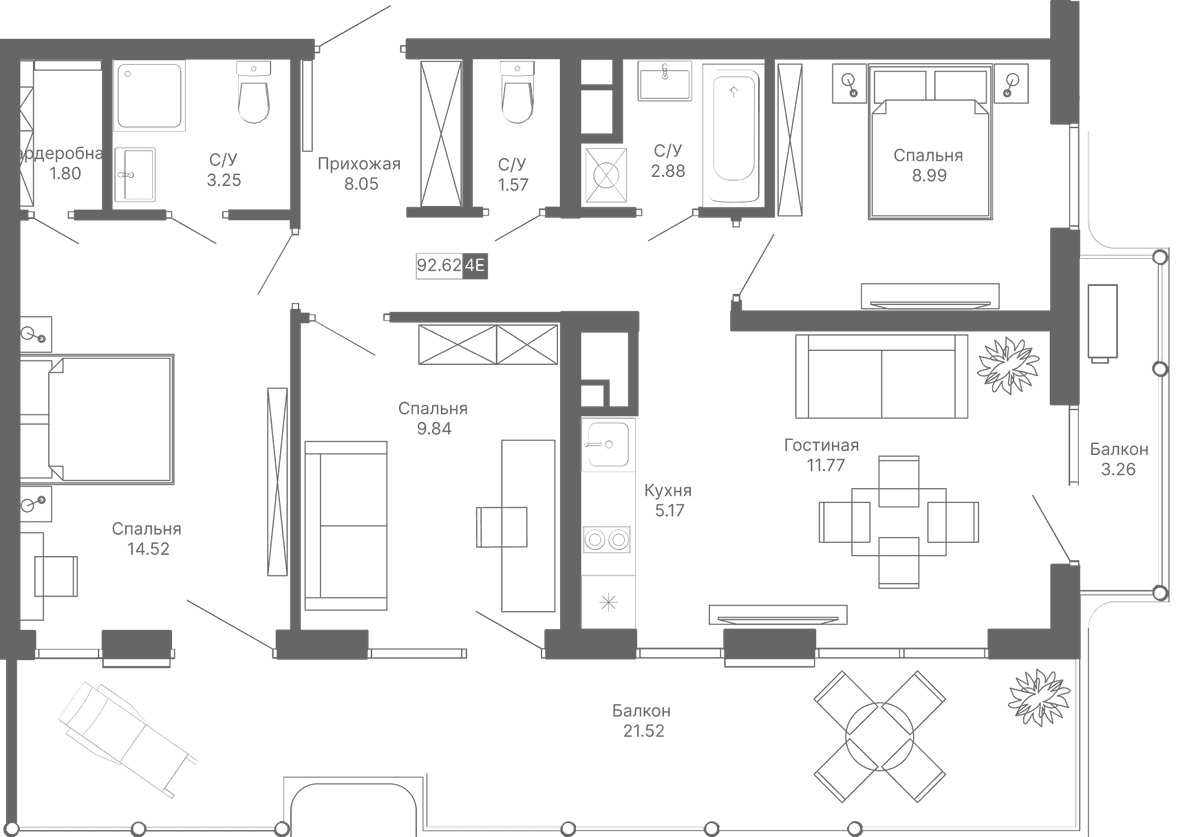 4-к, 92.62 м² · Крымская Резиденция