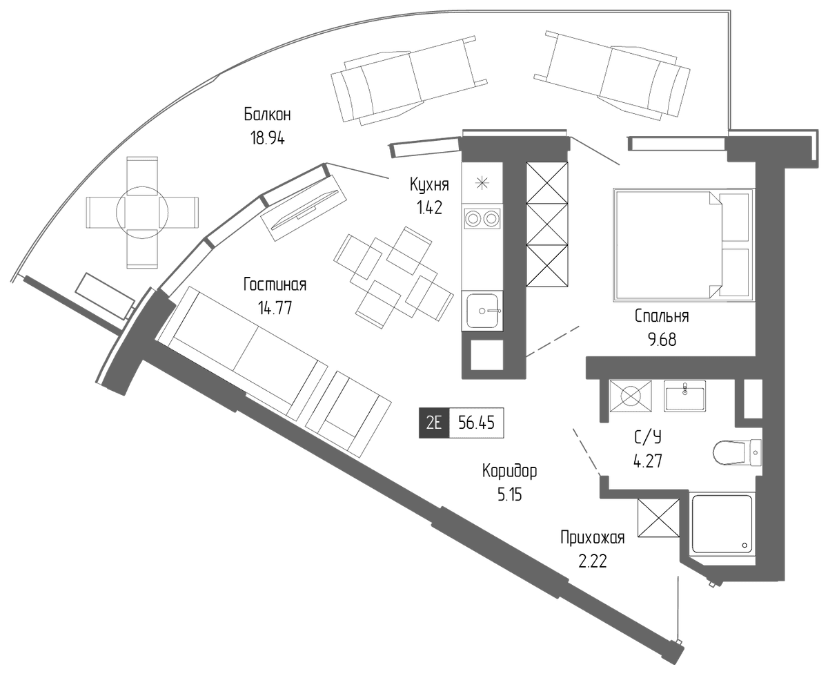 2-к, 56.45 м² · Крымская Резиденция