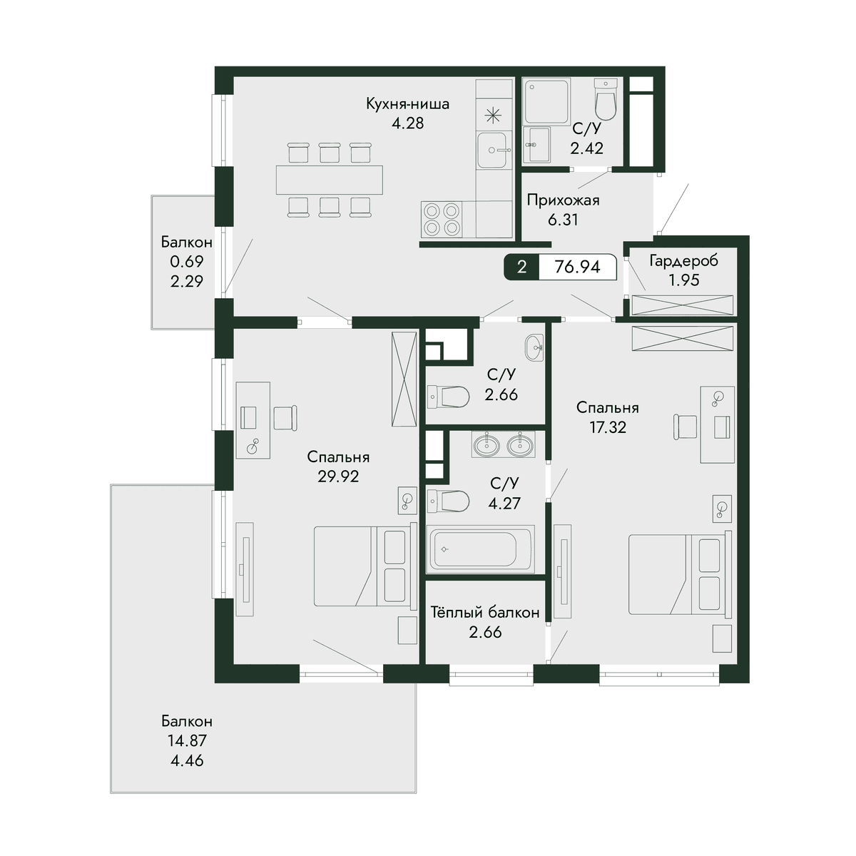 2-к, 76.94 м² · Парковая Резиденция