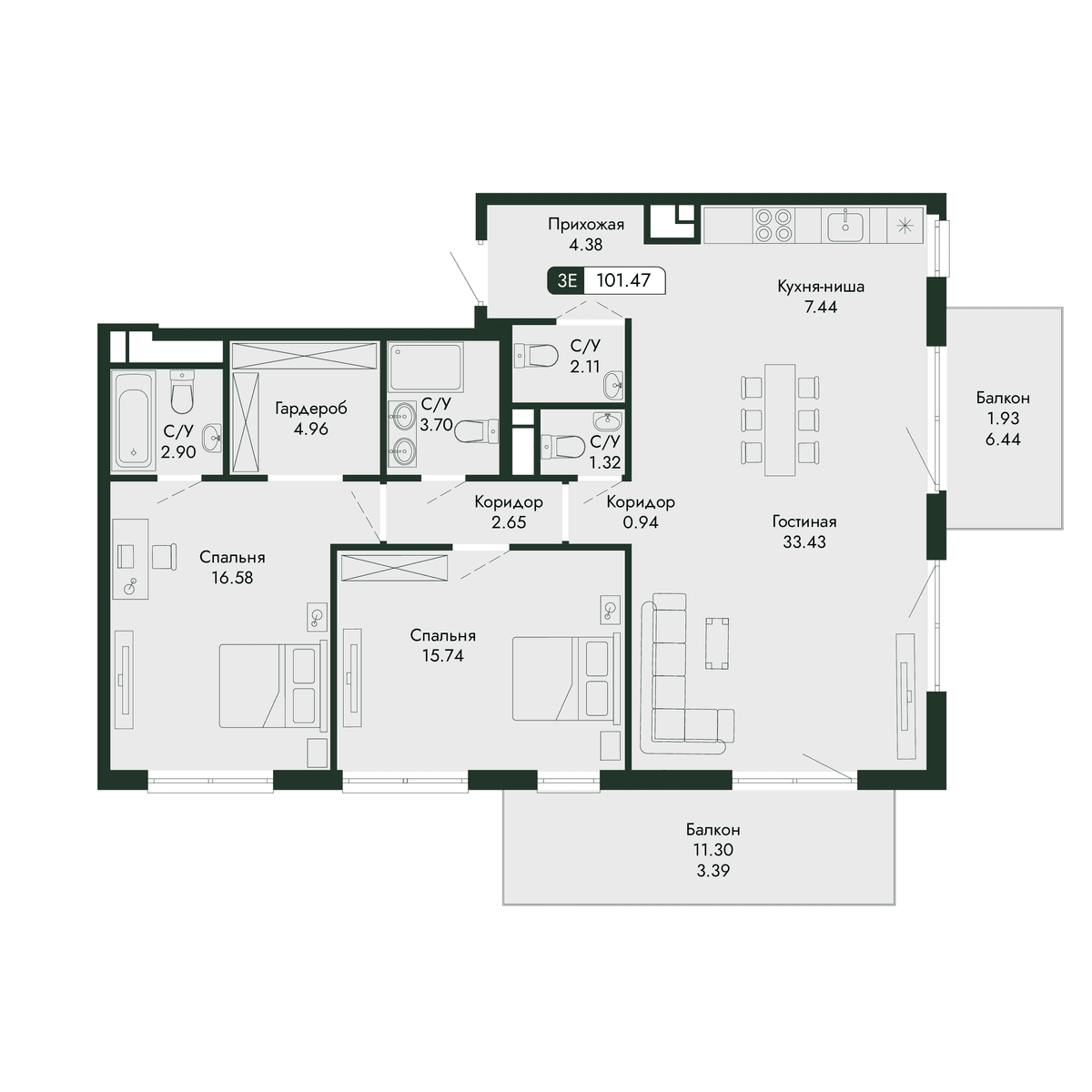 3-к, 101.47 м² · Парковая Резиденция