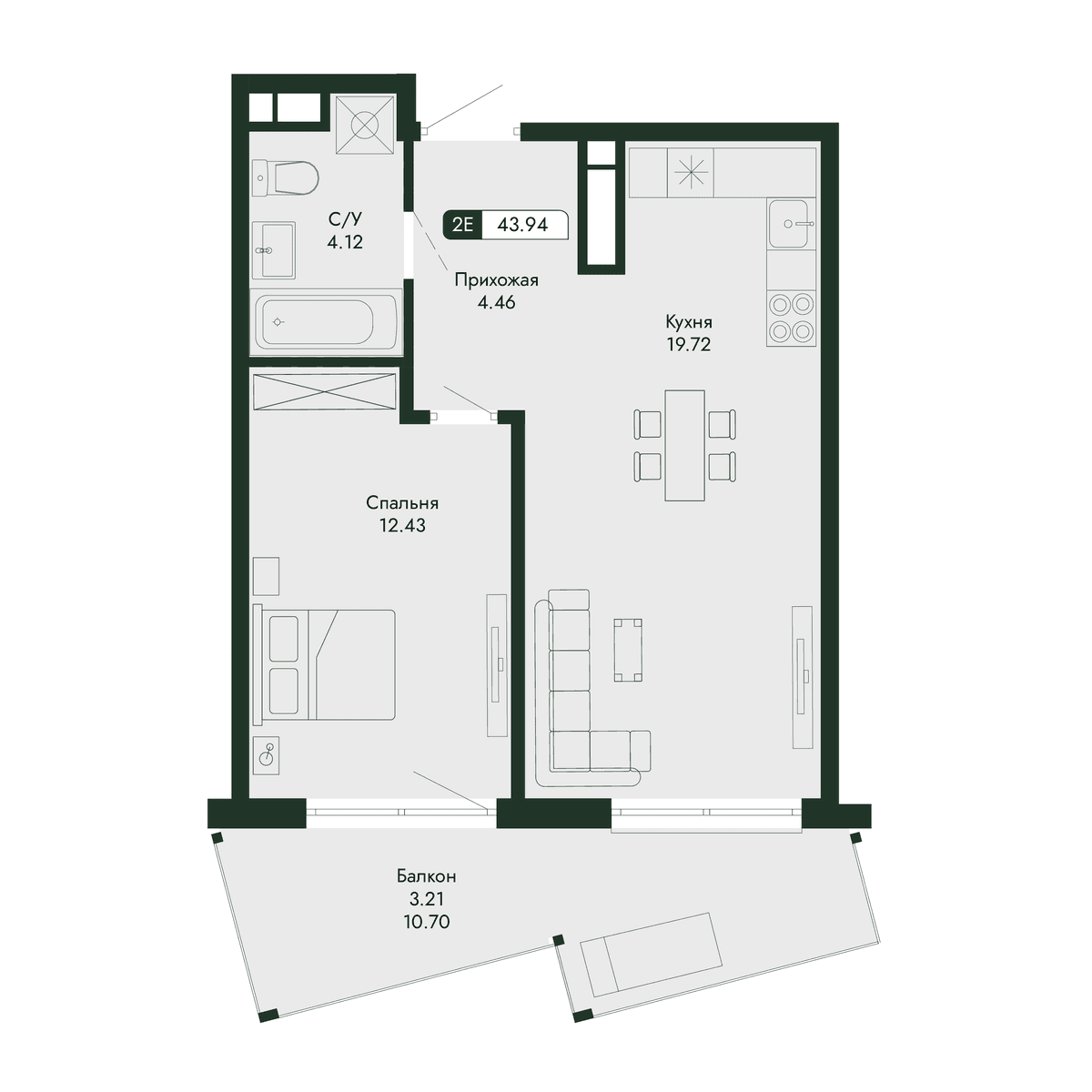 2-к, 43.94 м² · Парковая Резиденция