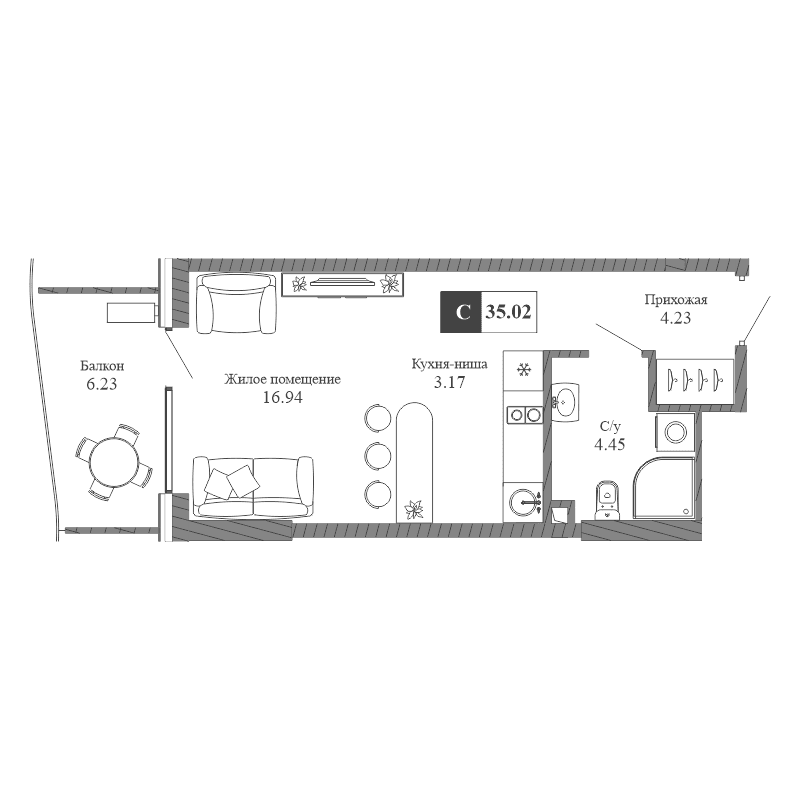 1-к, 35.02 м² · Крымская Резиденция