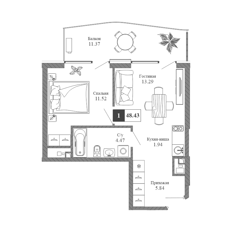 2-к, 48.43 м² · Крымская Резиденция