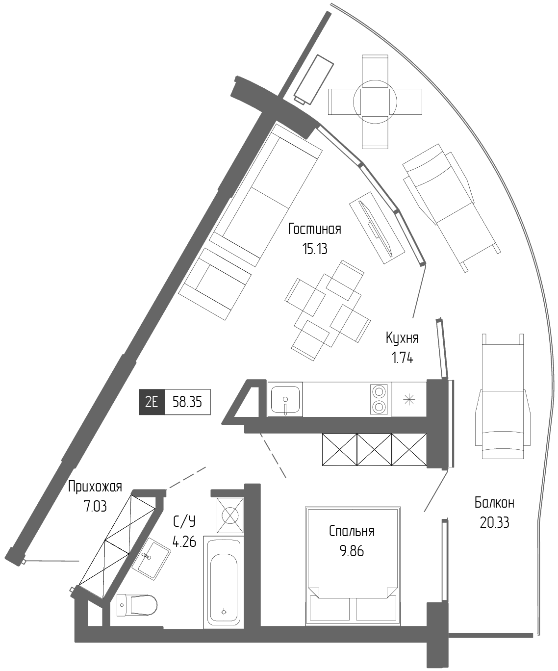 2-к, 58.35 м² · Крымская Резиденция