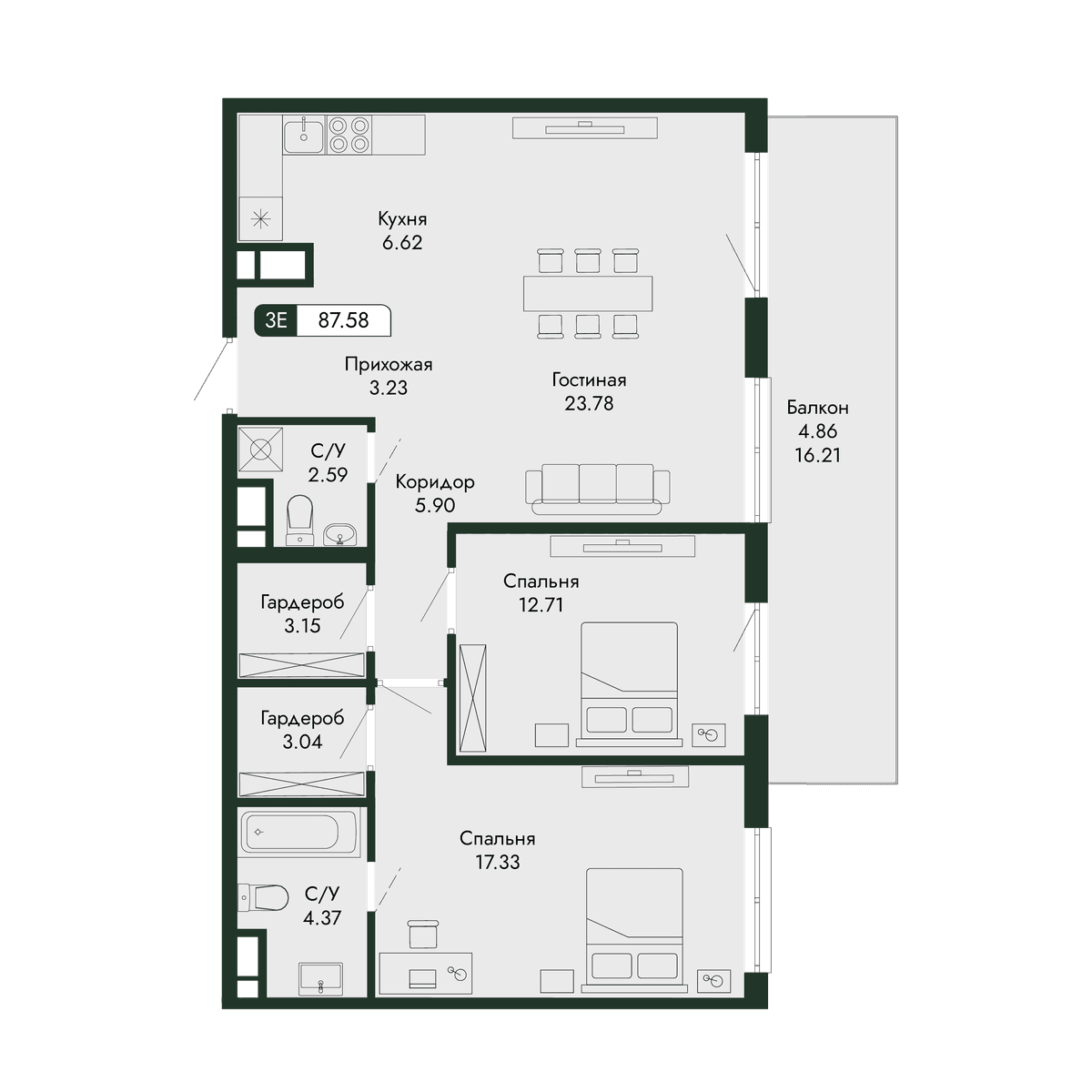 3-к, 87.58 м² · Парковая Резиденция