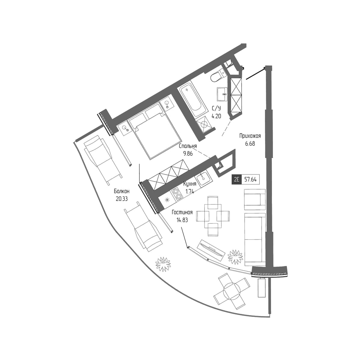 2-к, 57.64 м² · Крымская Резиденция