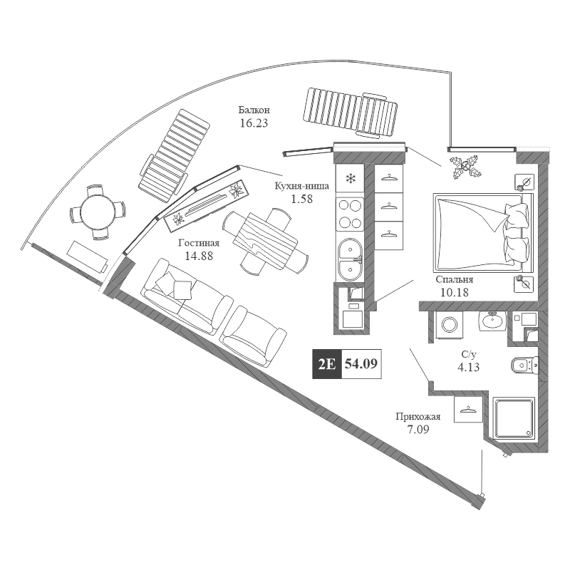 2-к, 54.09 м² · Крымская Резиденция