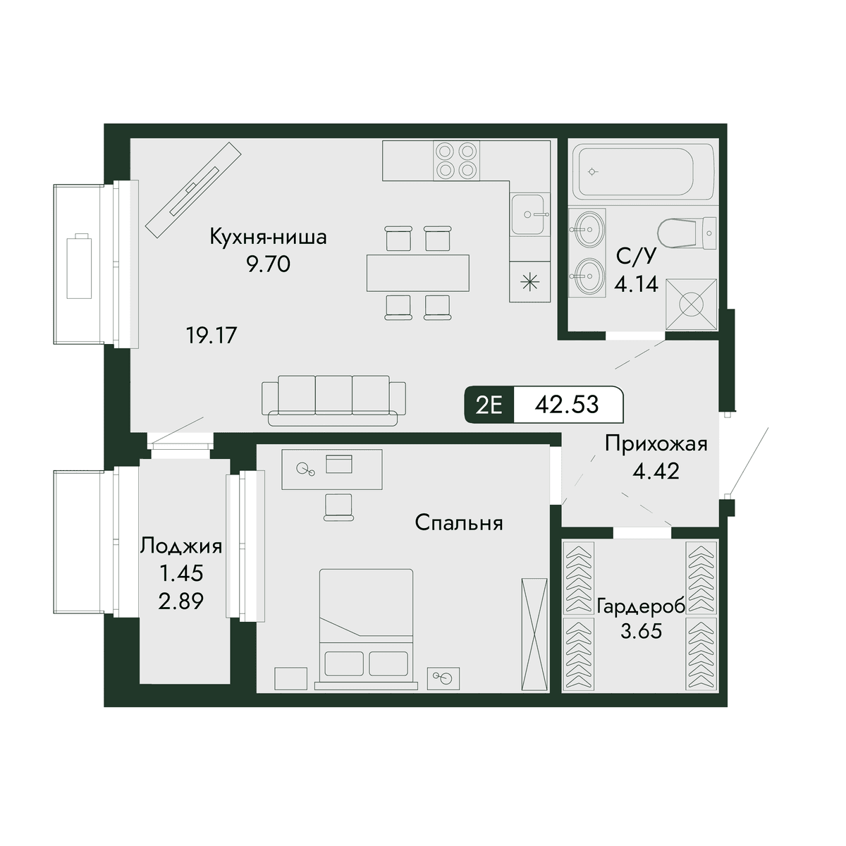 2-к, 42.53 м² · Парковая Резиденция
