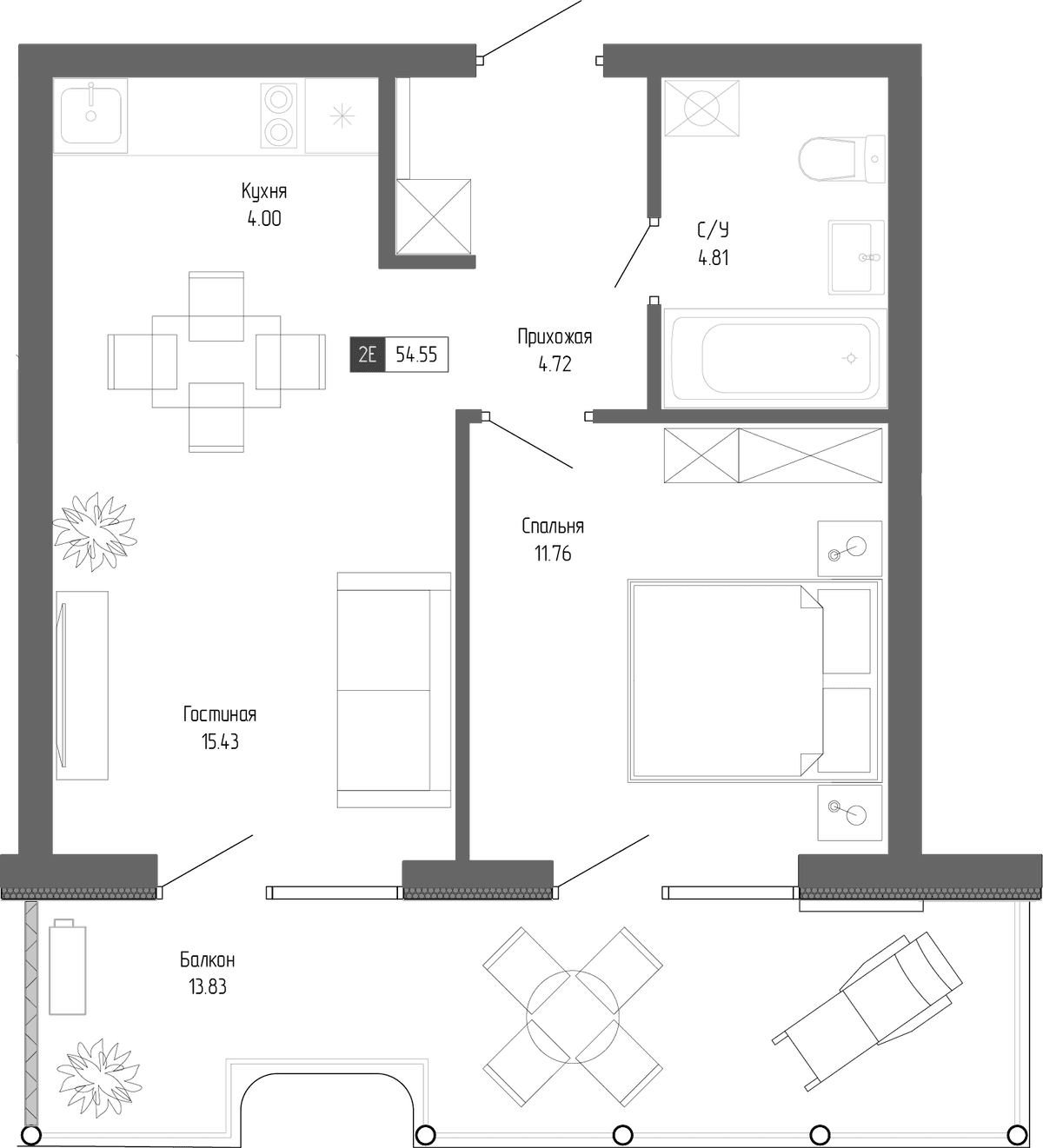 2-к, 54.55 м² · Крымская Резиденция