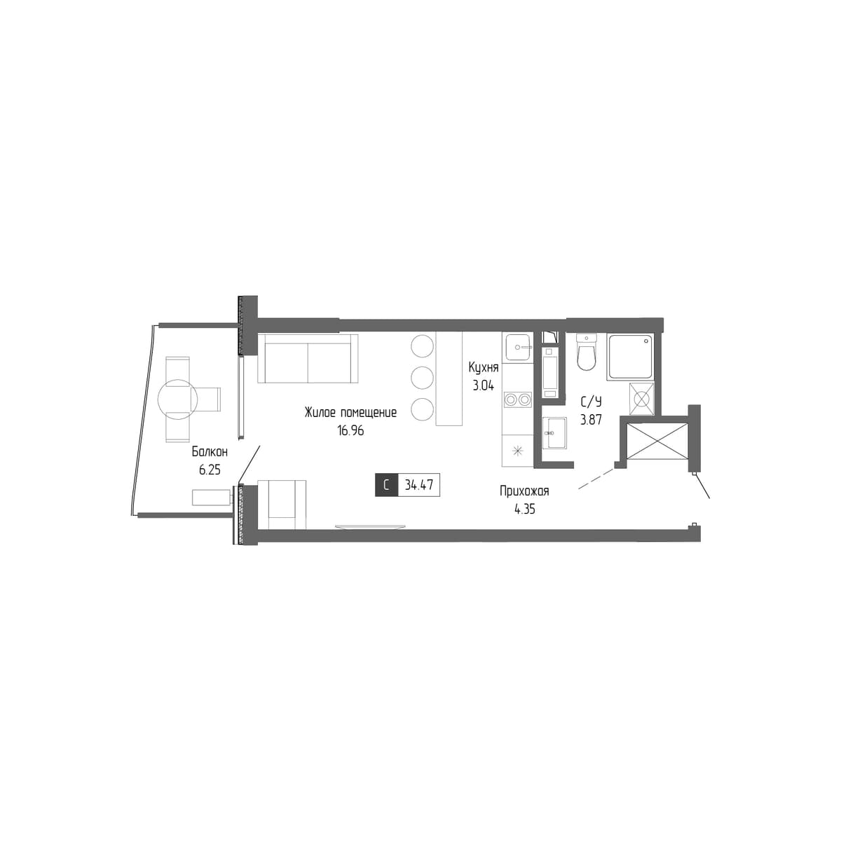1-к, 34.47 м² · Крымская Резиденция