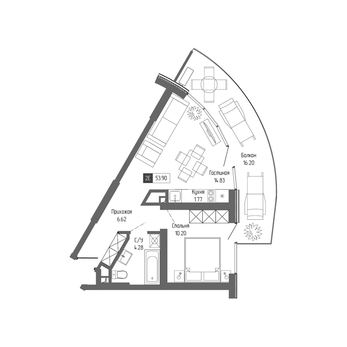 2-к, 53.9 м² · Крымская Резиденция