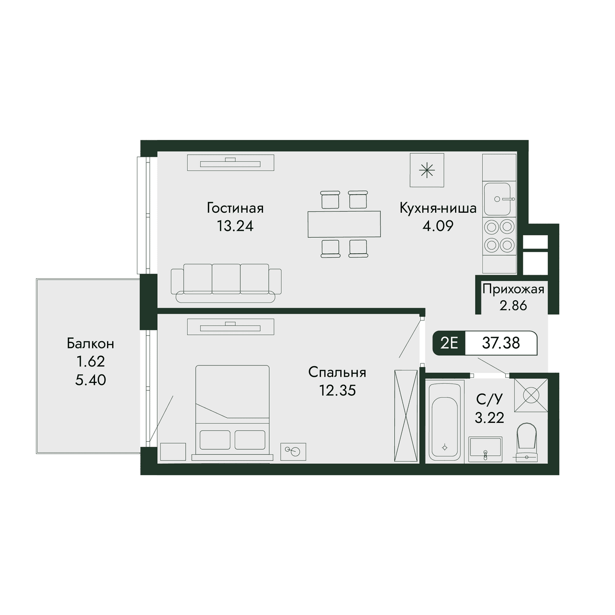 2-к, 37.38 м² · Парковая Резиденция