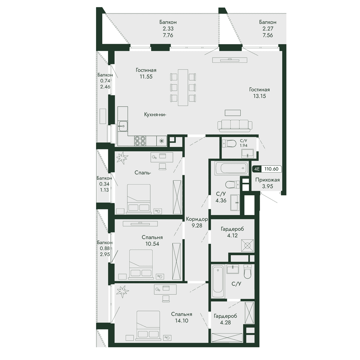 4-к, 110.6 м² · Парковая Резиденция