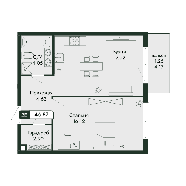 2-к, 46.87 м² · Парковая Резиденция