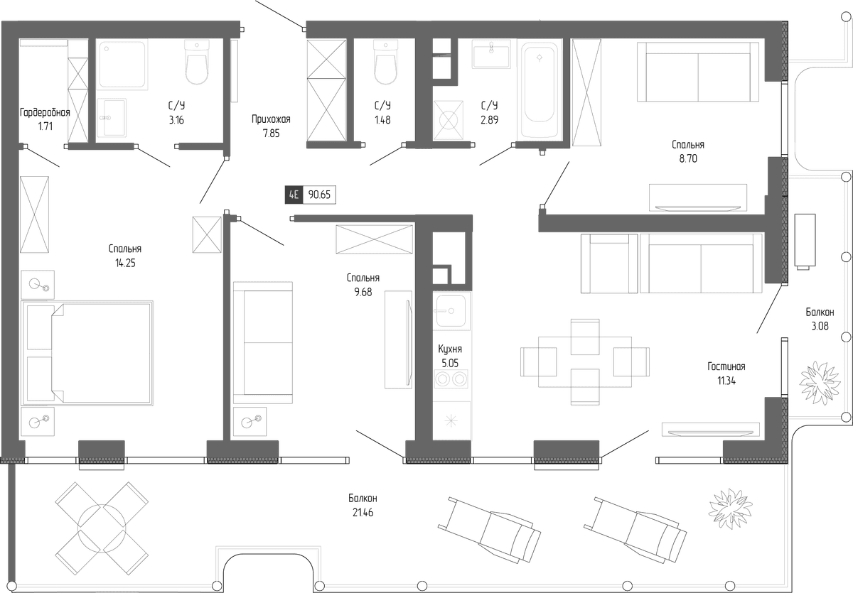 3-к, 90.65 м² · Крымская Резиденция